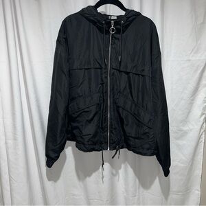 H&M Rain Jacket Black Long Sleeve Hood Mesh Lined Full Zip Pockets Cinched Hem